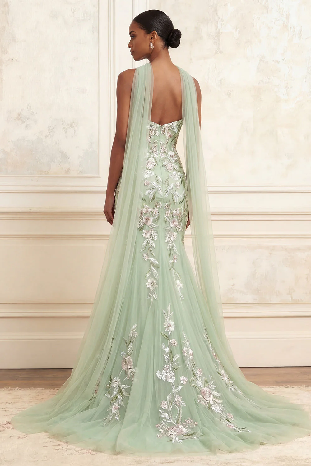 Dusty Sage Strapless Mermaid Sequins Embroidered Long Prom Dress with a Neck Scarf - Image 2
