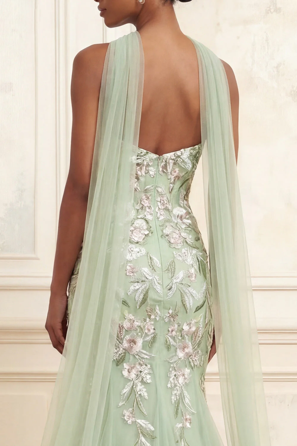 Dusty Sage Strapless Mermaid Sequins Embroidered Long Prom Dress with a Neck Scarf - Image 4