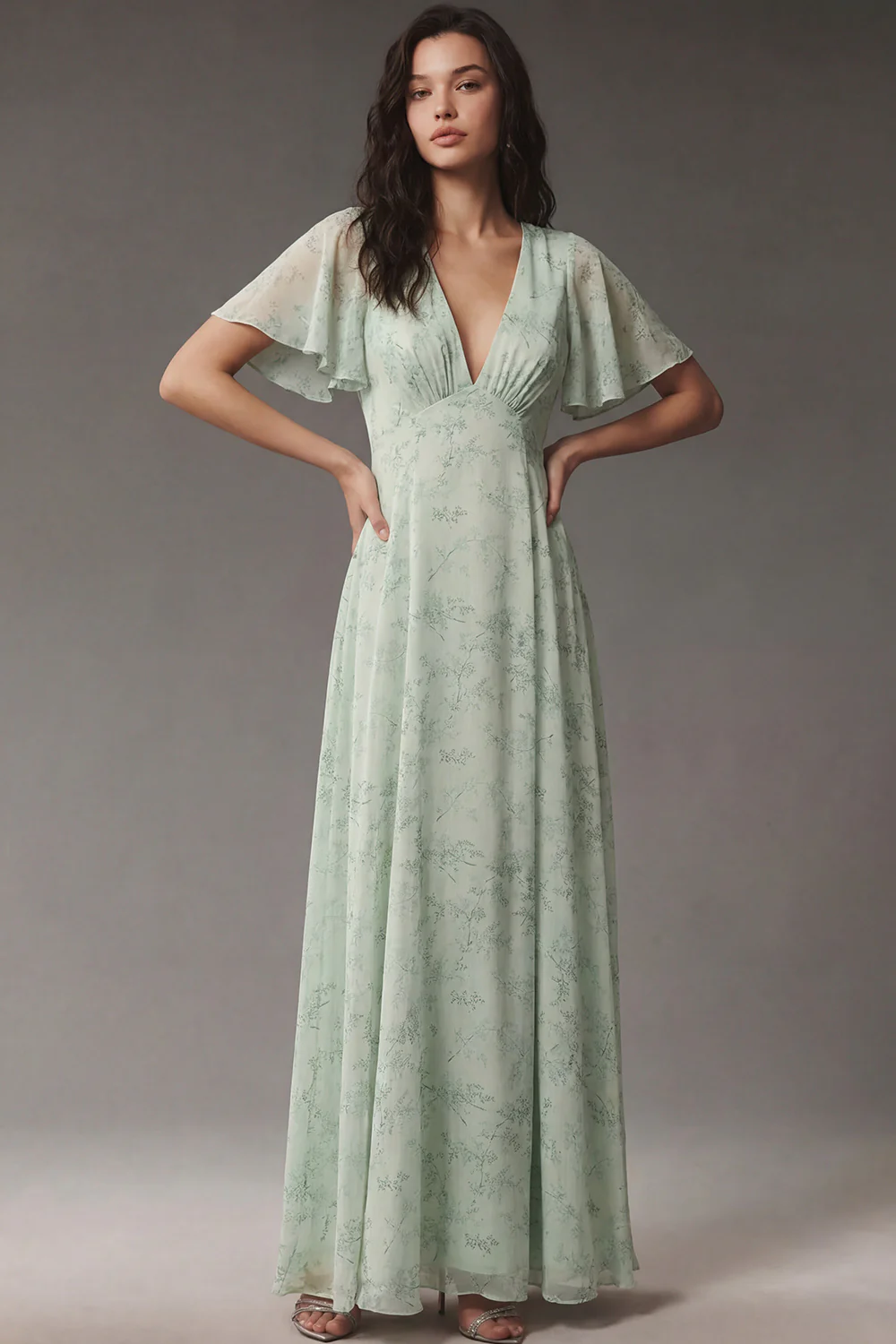 Dusty Sage A Line V Neck Chiffon Midi Dress with Short Sleeves