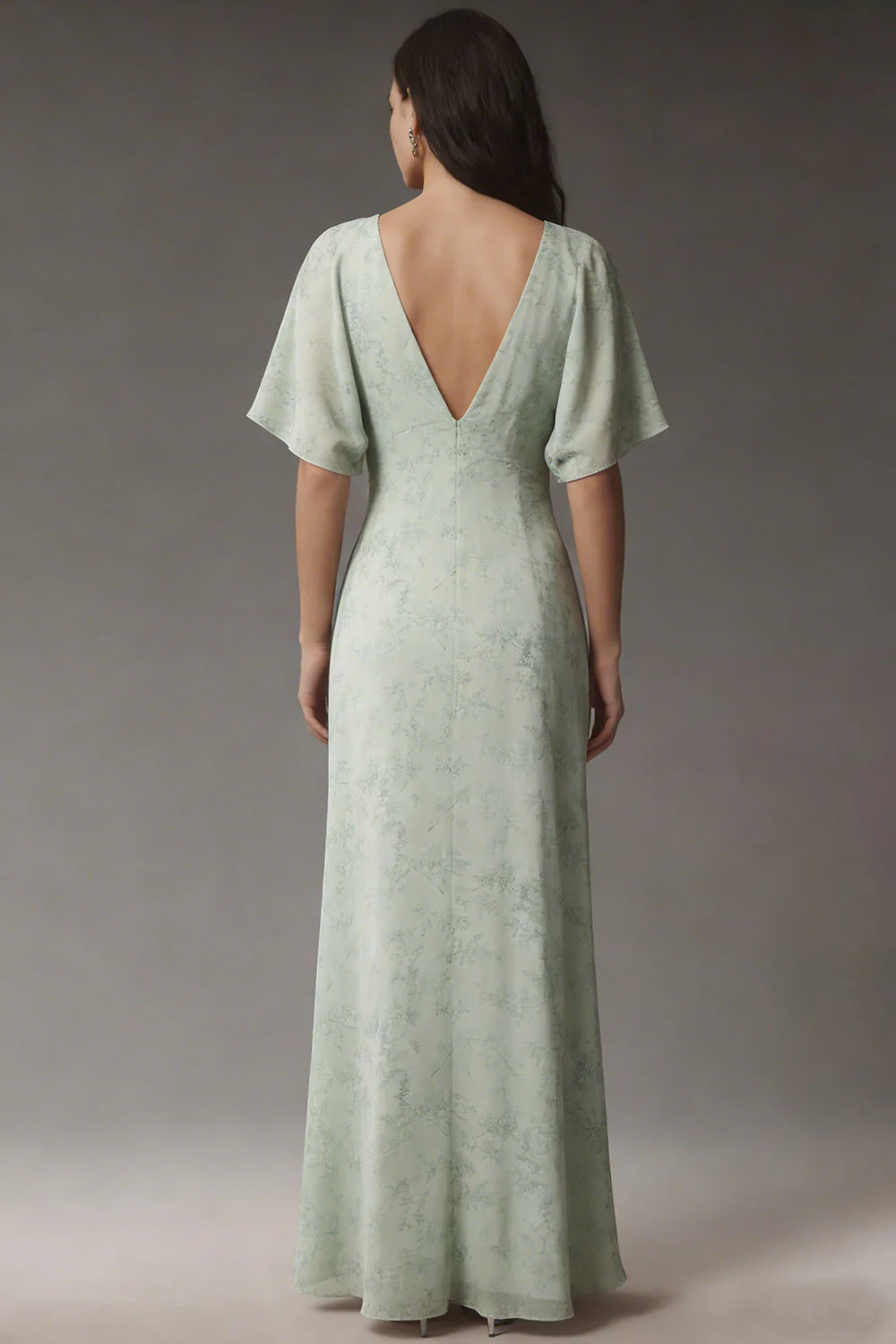 Dusty Sage A Line V Neck Chiffon Midi Dress with Short Sleeves - Image 2