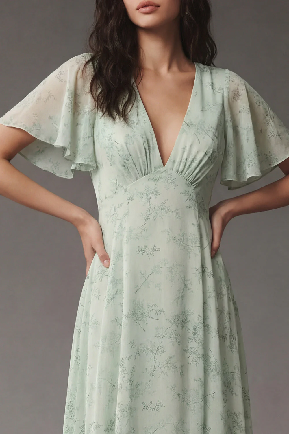 Dusty Sage A Line V Neck Chiffon Midi Dress with Short Sleeves - Image 3