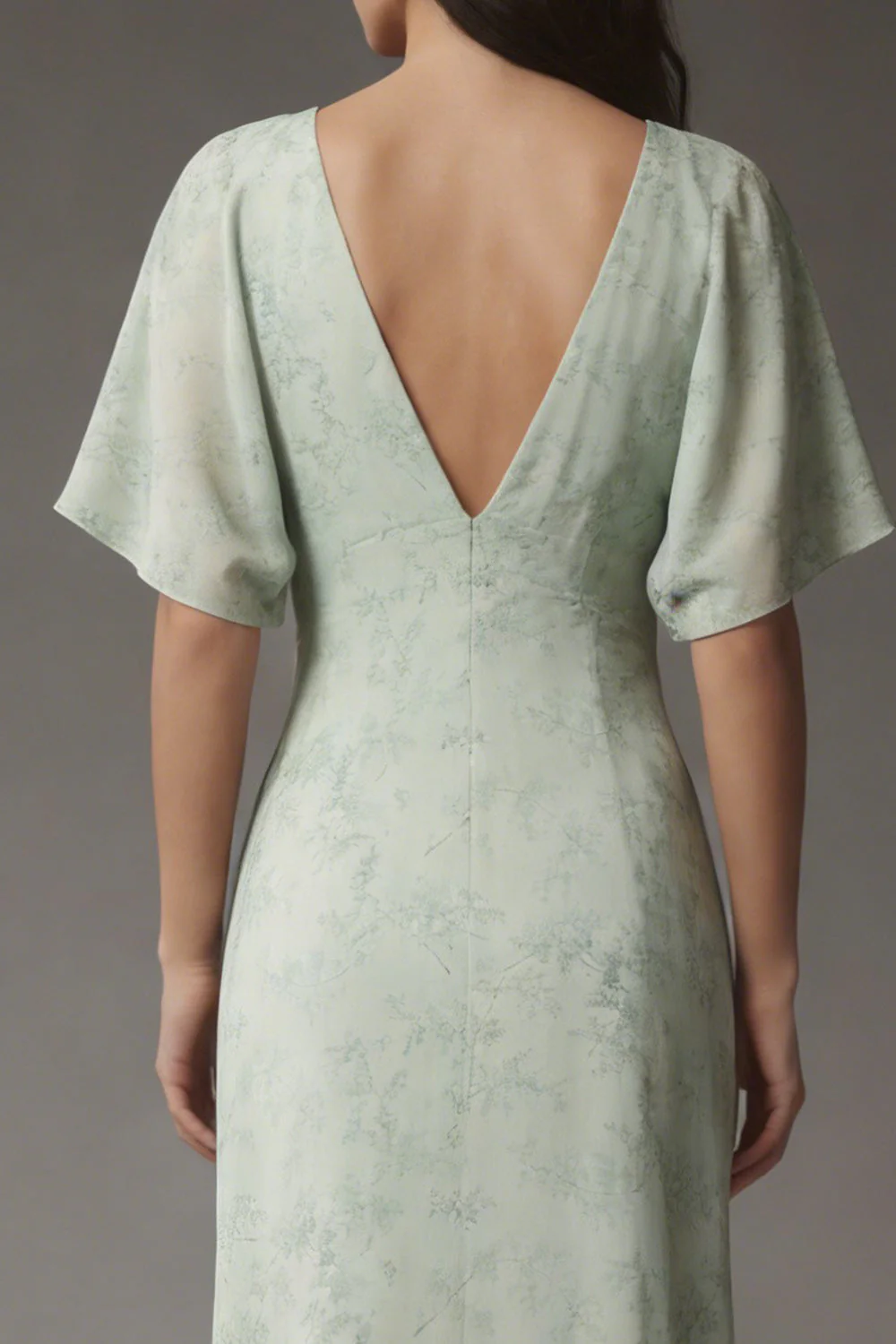 Dusty Sage A Line V Neck Chiffon Midi Dress with Short Sleeves - Image 4