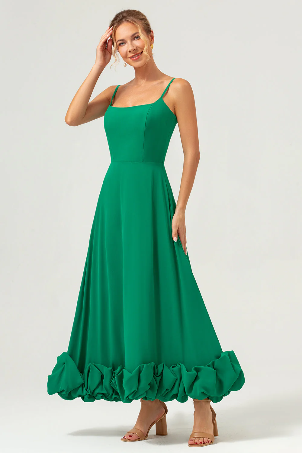 Elegant Green A Line Spaghetti Straps Chiffon Long Bridesmaid Dress - Image 4