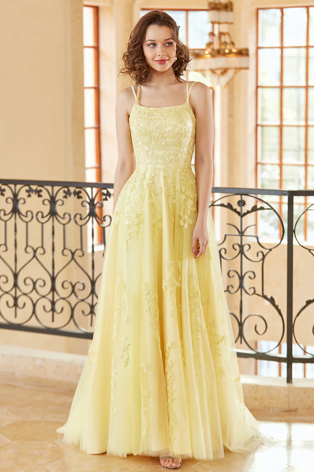 Yellow Spaghetti Straps Prom Dress - Image 3