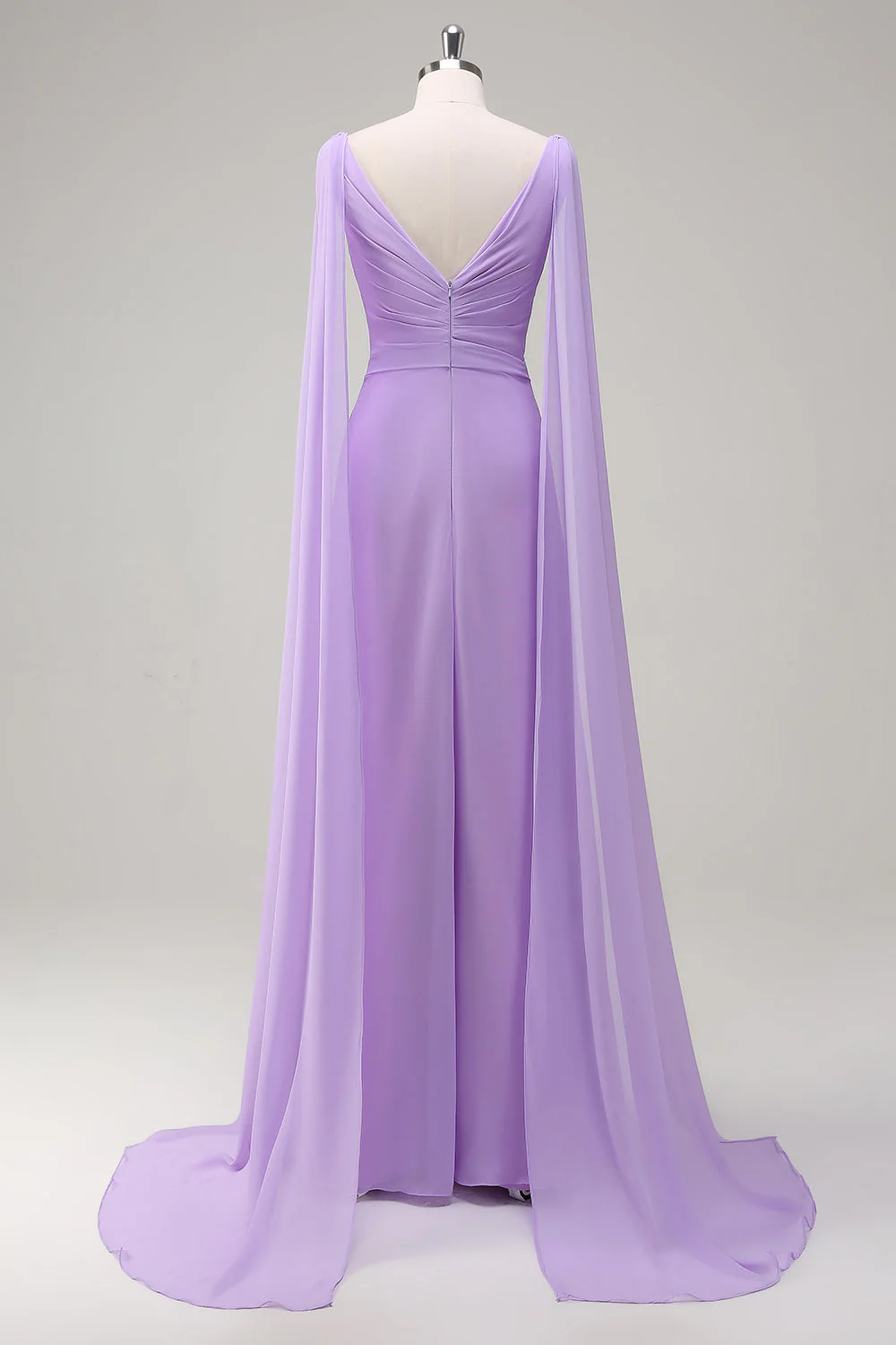 Elegant Lilac Chiffon A-Line Gown with Flowing Cape Sleeves - Image 2