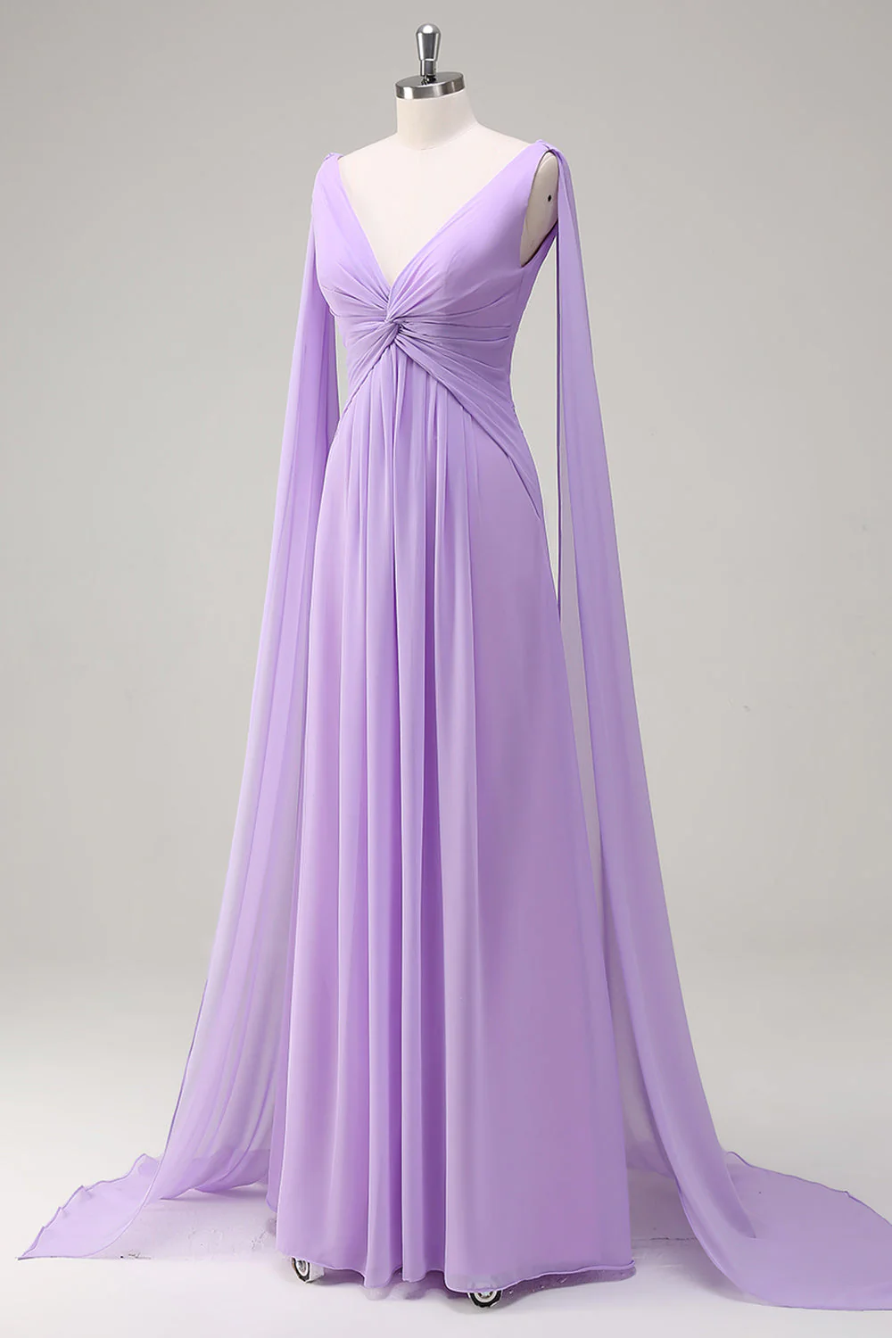 Elegant Lilac Chiffon A-Line Gown with Flowing Cape Sleeves - Image 3