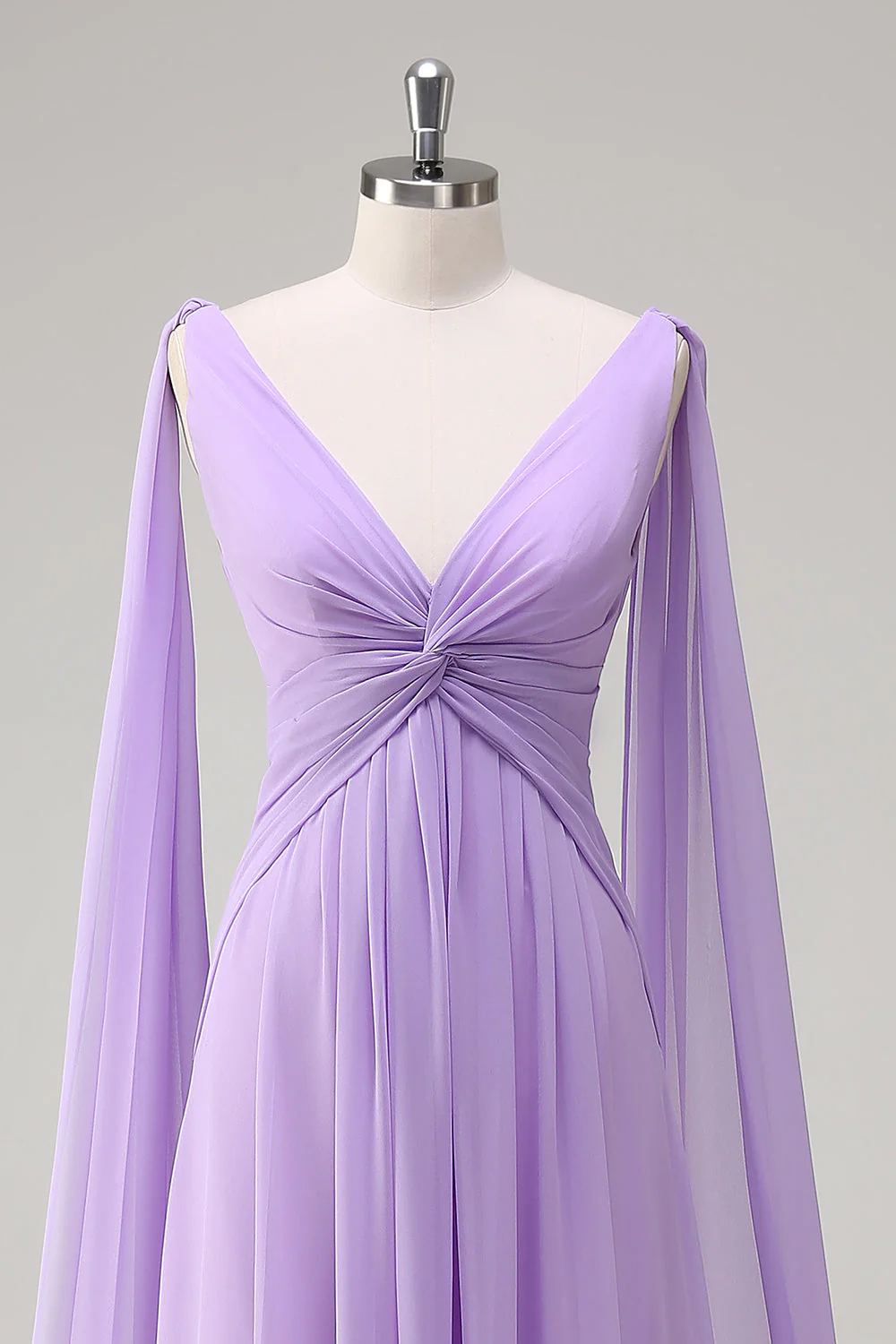 Elegant Lilac Chiffon A-Line Gown with Flowing Cape Sleeves - Image 4