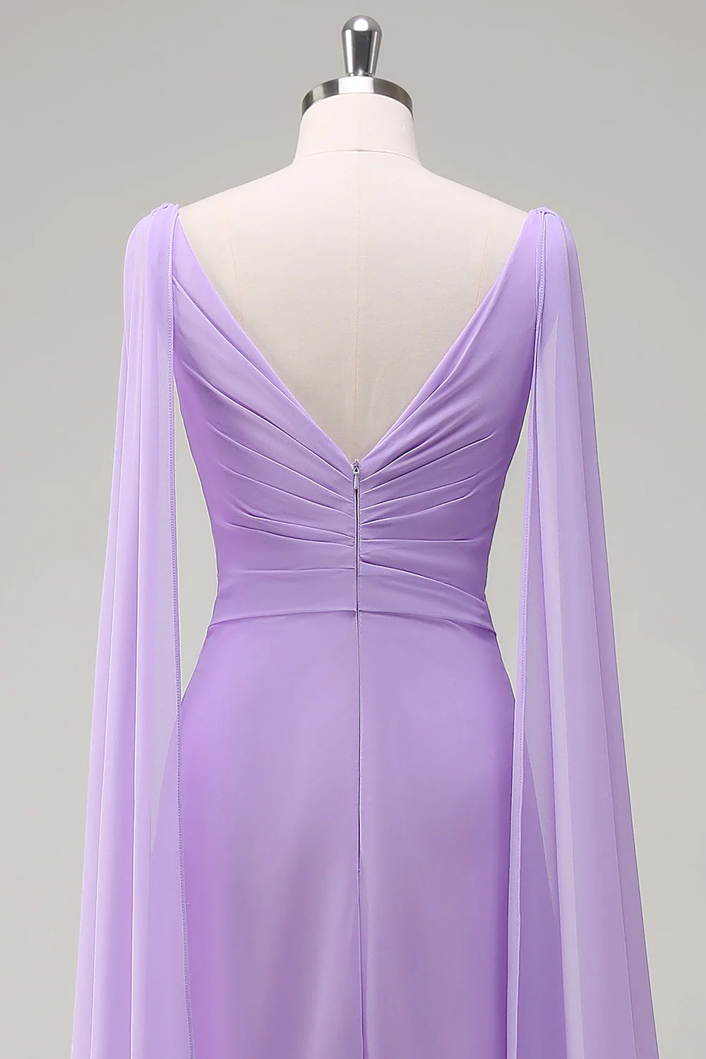 Elegant Lilac Chiffon A-Line Gown with Flowing Cape Sleeves - Image 5