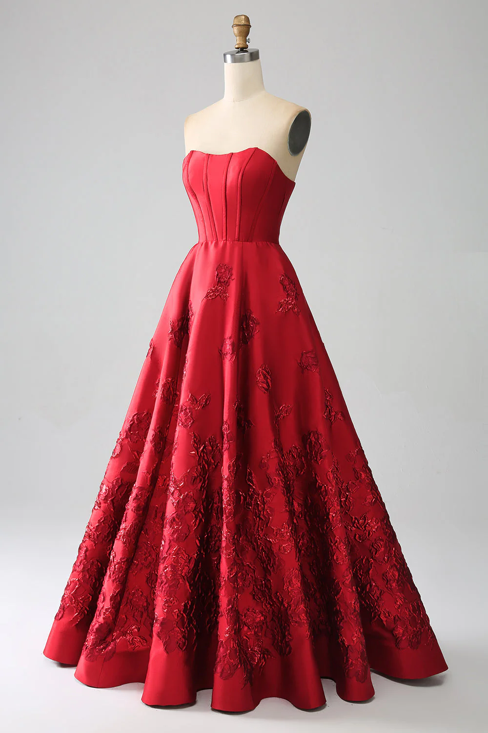 Elegant Princess A-Line Strapless Dark Red Long Prom Dress with 3D Flowers - Image 3