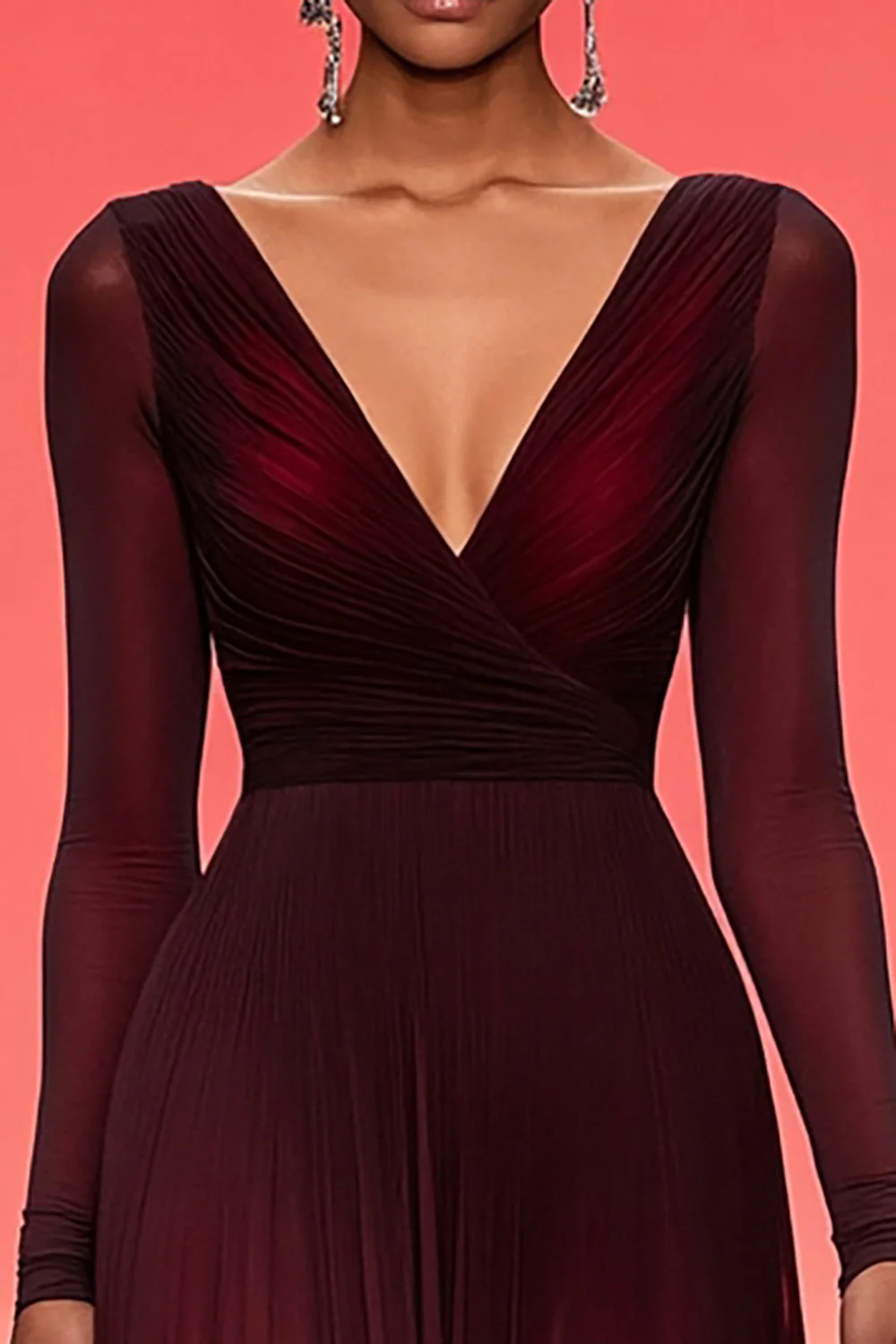 Elegant Ruched A Line V Neck Burgundy Military Ball Dress with Long Sleeves - Image 3