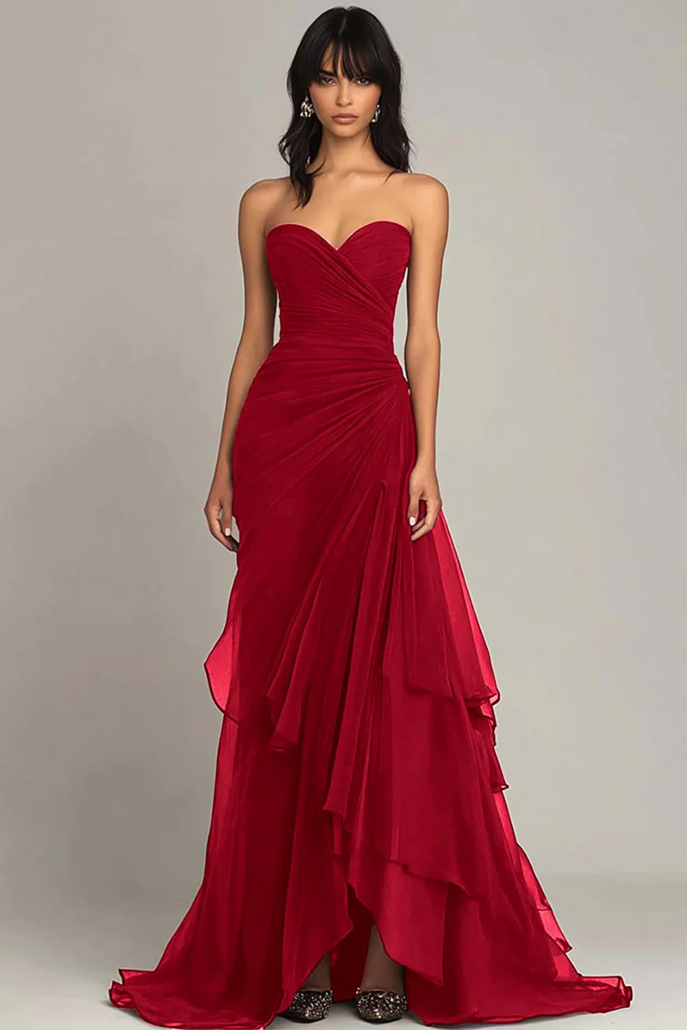 Elegant Sweetheart Ruched Ruffled Black Tie Dress - Image 11