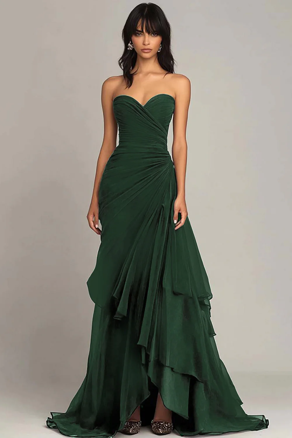 Elegant Sweetheart Ruched Ruffled Black Tie Dress - Image 5