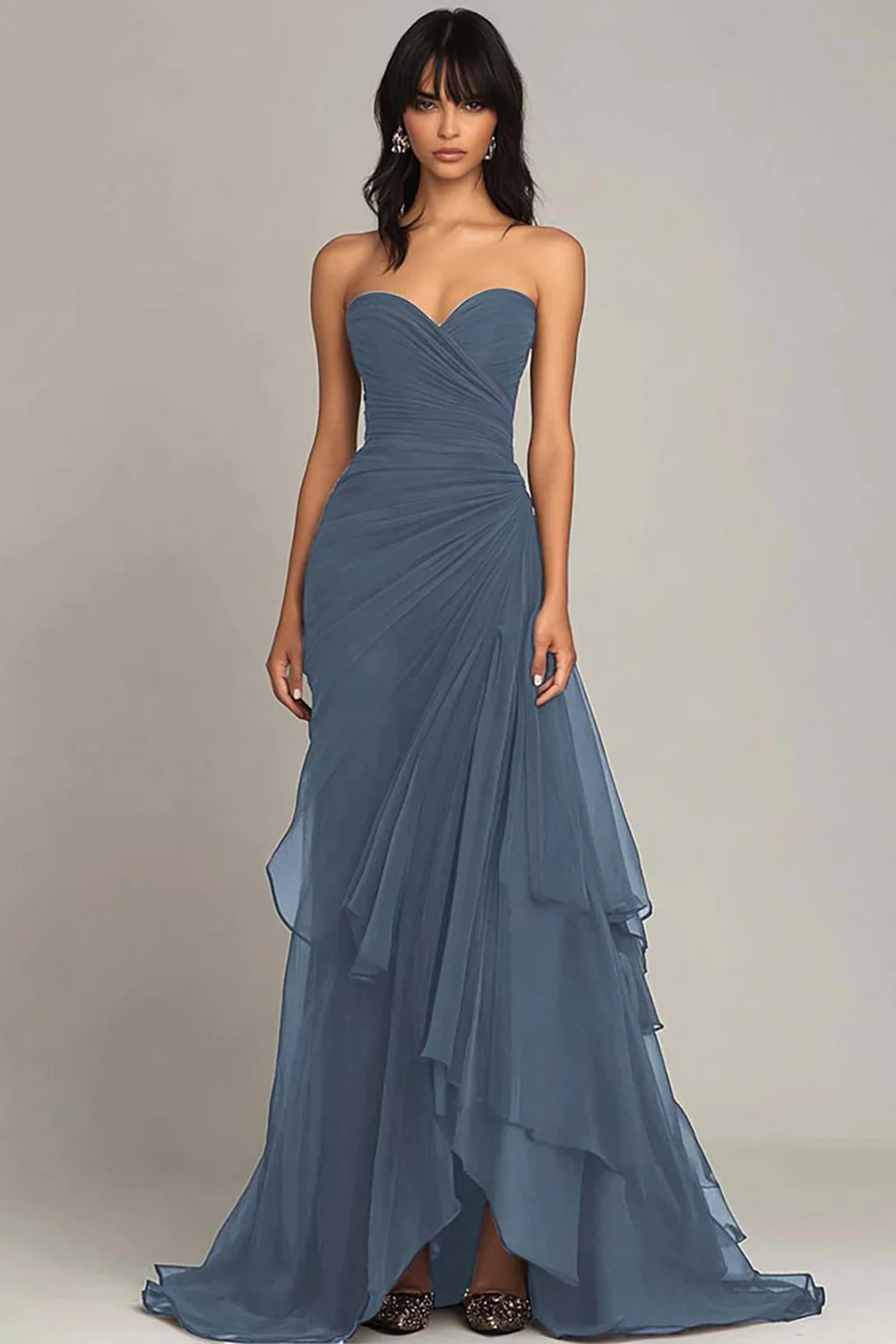 Elegant Sweetheart Ruched Ruffled Black Tie Dress - Image 6