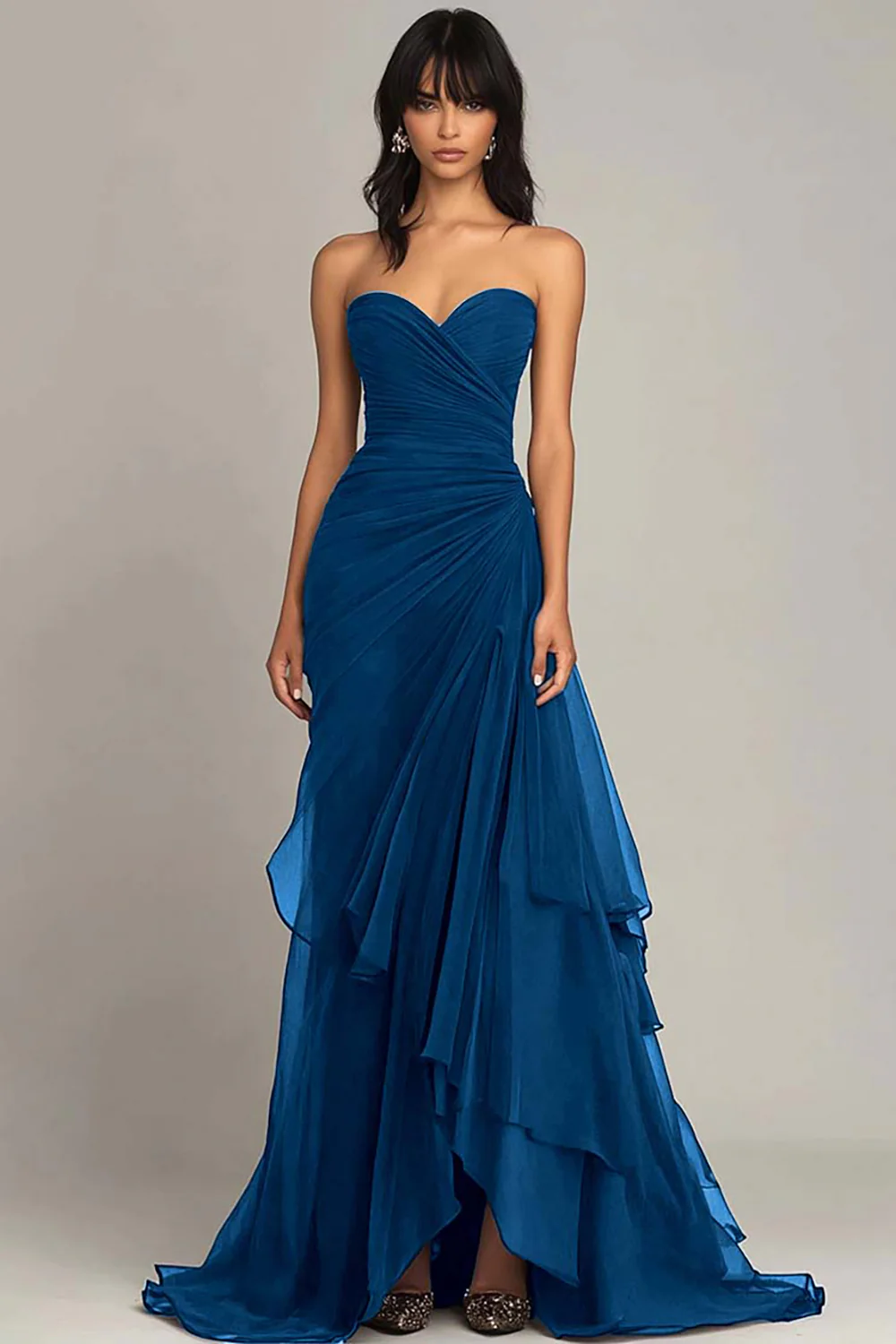 Elegant Sweetheart Ruched Ruffled Black Tie Dress - Image 9