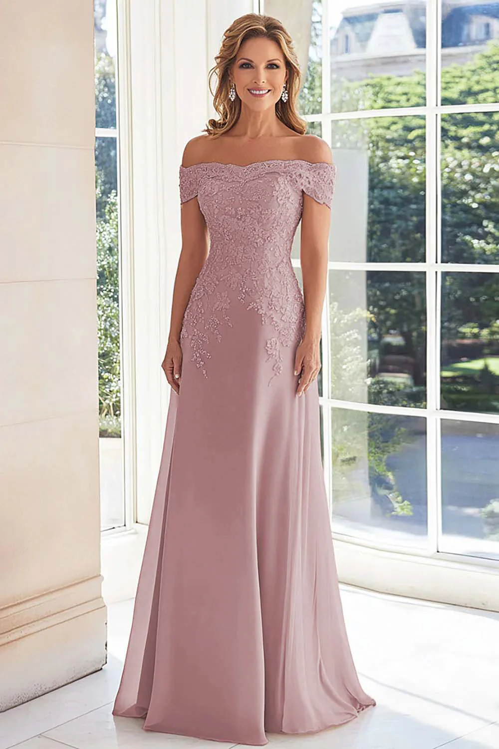 Elegant Taupe Off the Shoulder Chiffon Sheath Long Mother of the Bride with Lace Appliques - Image 10