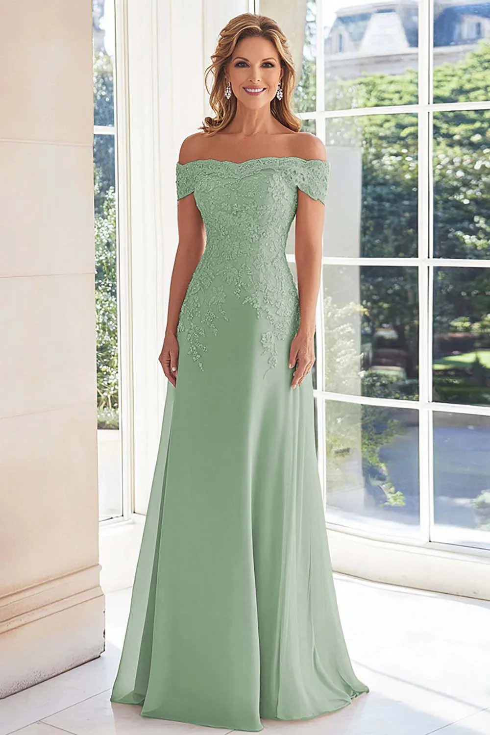 Elegant Taupe Off the Shoulder Chiffon Sheath Long Mother of the Bride with Lace Appliques - Image 11