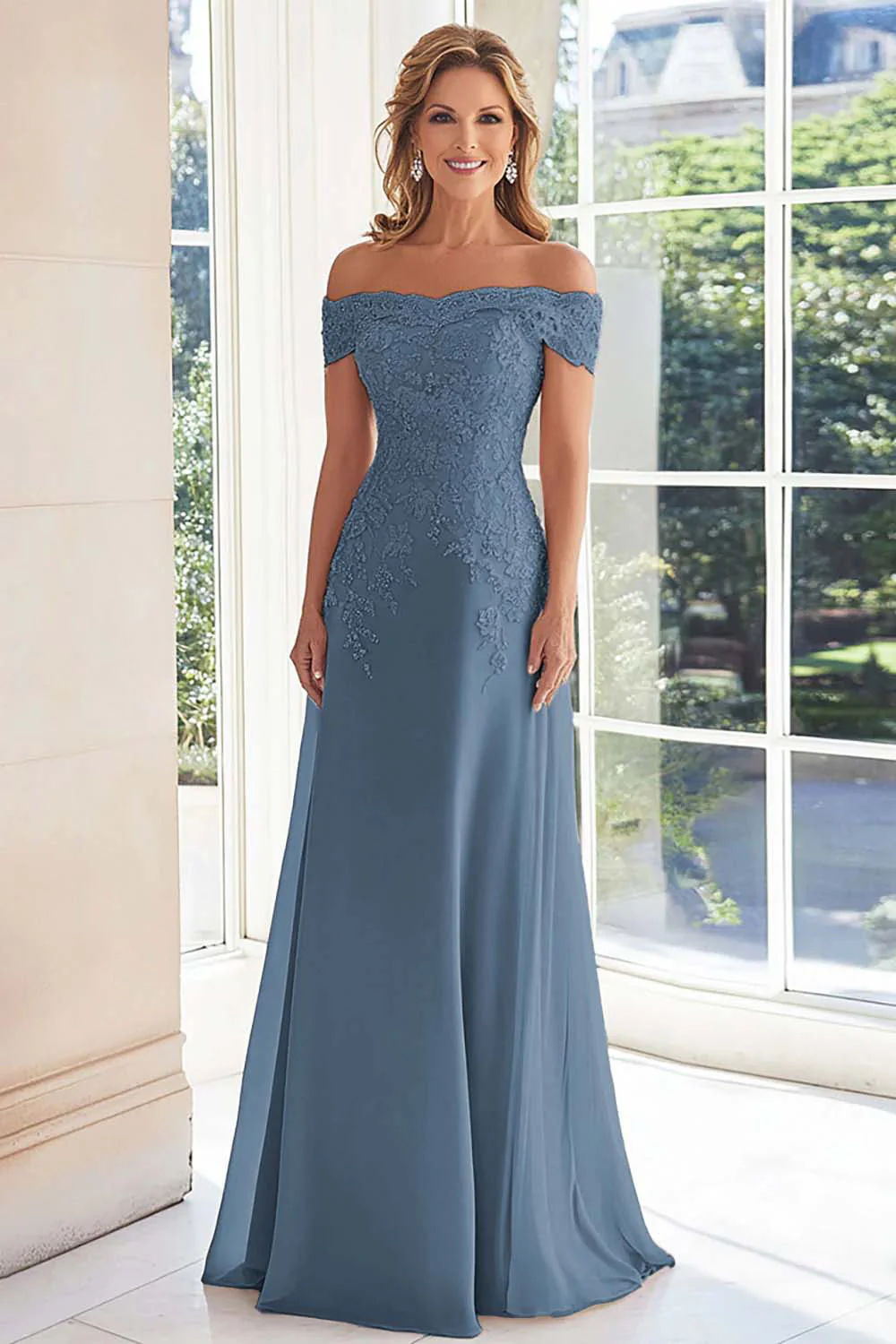 Elegant Taupe Off the Shoulder Chiffon Sheath Long Mother of the Bride with Lace Appliques - Image 12