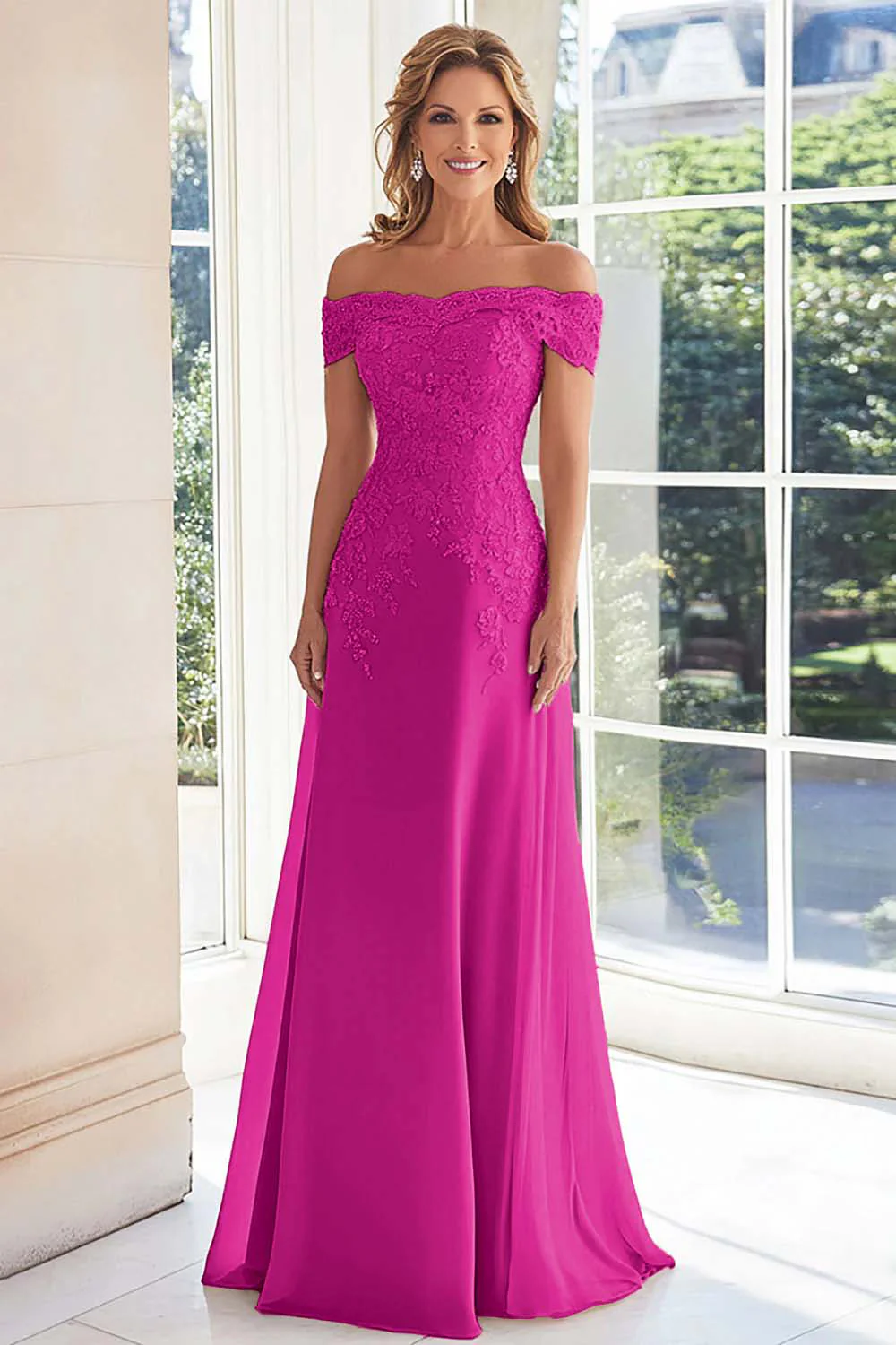Elegant Taupe Off the Shoulder Chiffon Sheath Long Mother of the Bride with Lace Appliques - Image 13