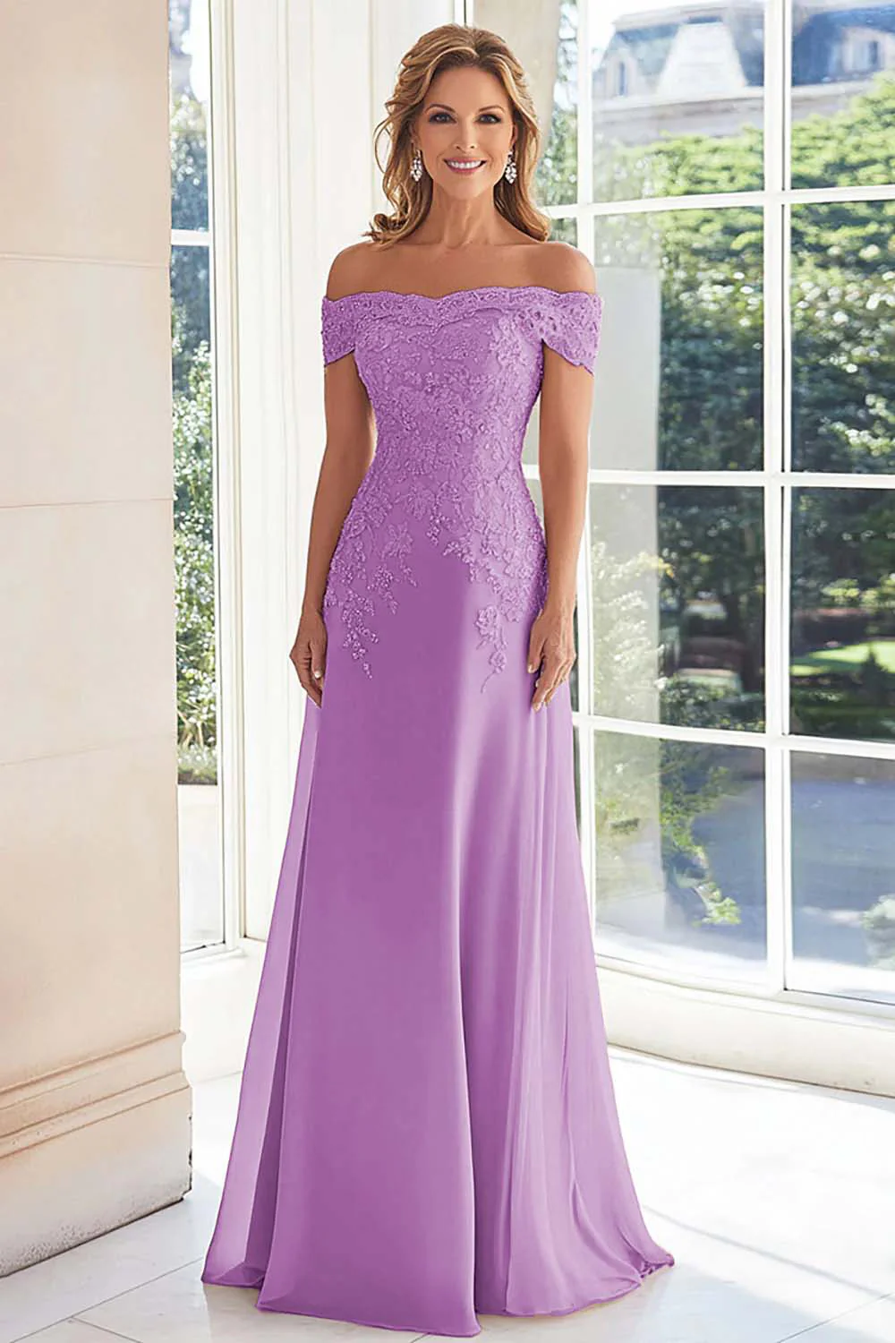 Elegant Taupe Off the Shoulder Chiffon Sheath Long Mother of the Bride with Lace Appliques - Image 14