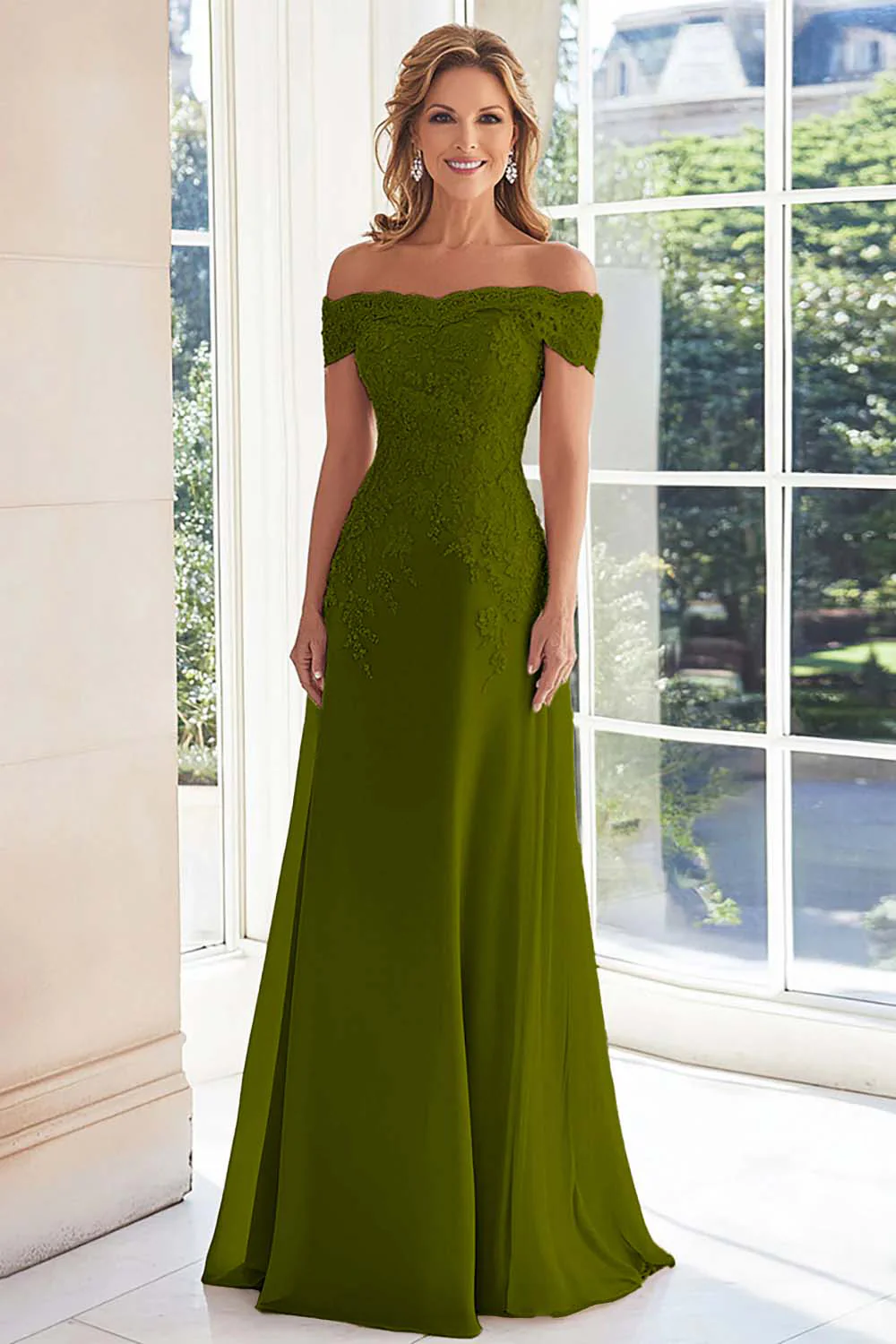 Elegant Taupe Off the Shoulder Chiffon Sheath Long Mother of the Bride with Lace Appliques - Image 15
