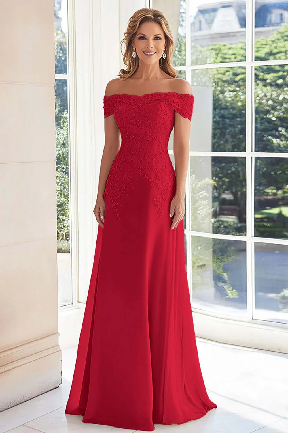 Elegant Taupe Off the Shoulder Chiffon Sheath Long Mother of the Bride with Lace Appliques - Image 16