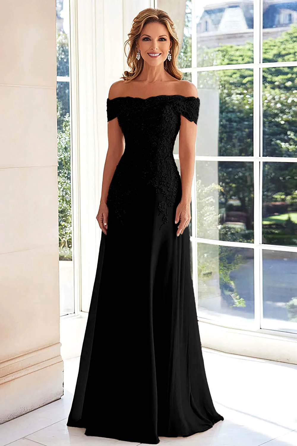 Elegant Taupe Off the Shoulder Chiffon Sheath Long Mother of the Bride with Lace Appliques - Image 3