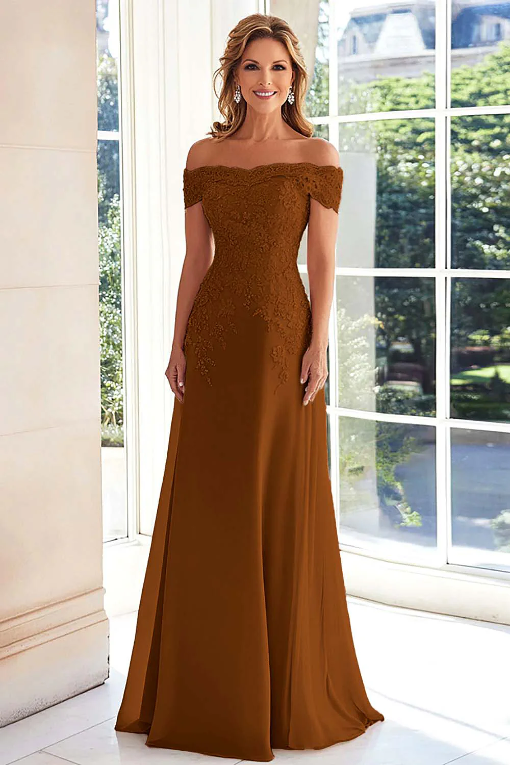 Elegant Taupe Off the Shoulder Chiffon Sheath Long Mother of the Bride with Lace Appliques - Image 4