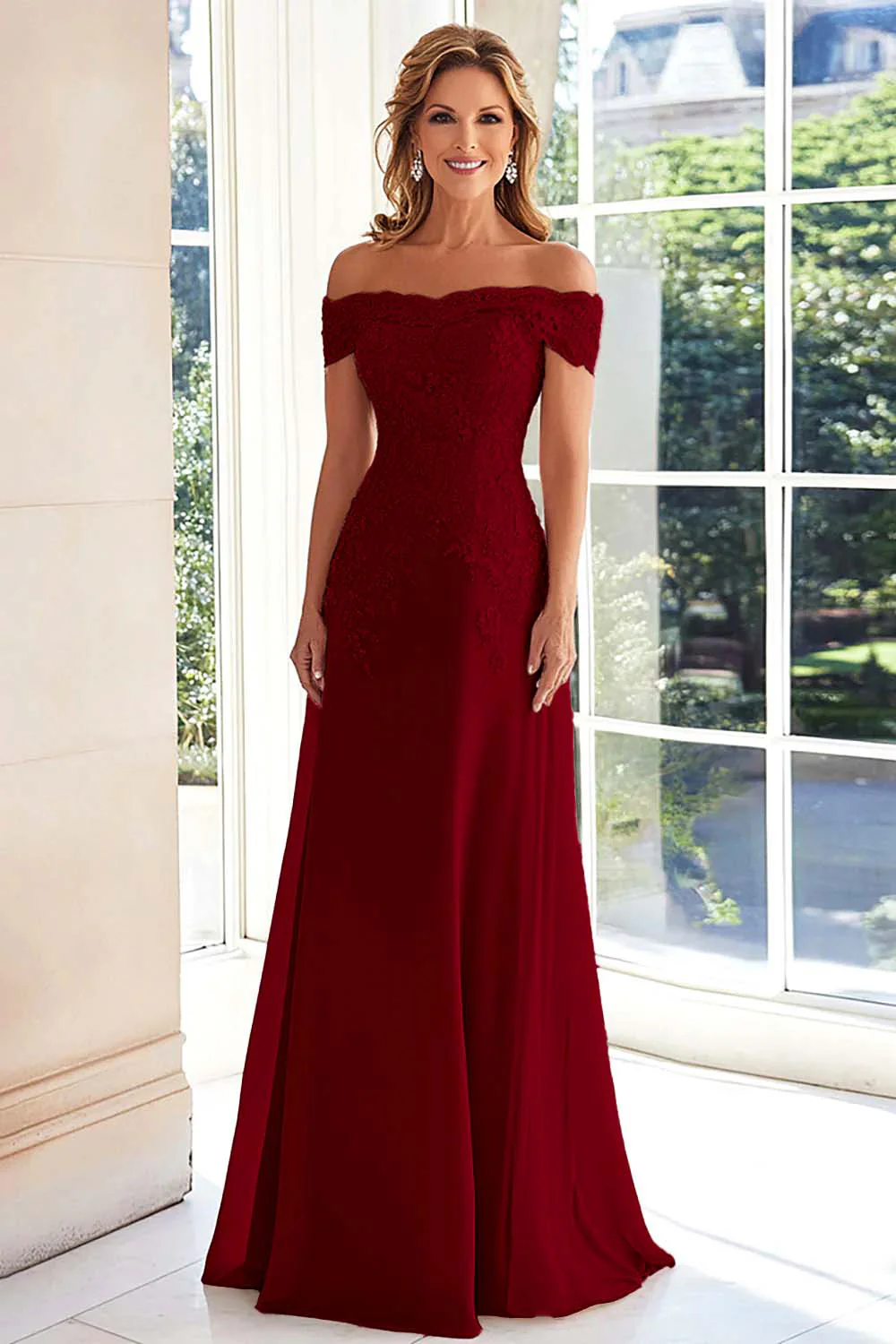 Elegant Taupe Off the Shoulder Chiffon Sheath Long Mother of the Bride with Lace Appliques - Image 5
