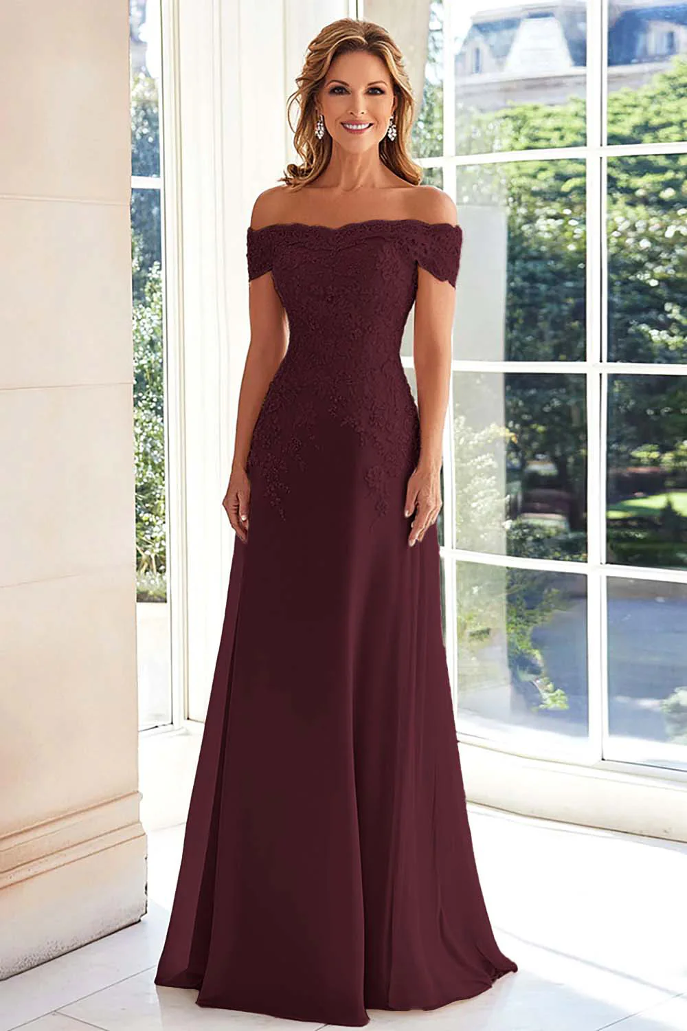 Elegant Taupe Off the Shoulder Chiffon Sheath Long Mother of the Bride with Lace Appliques - Image 6