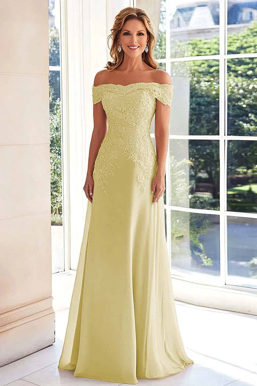 Elegant Taupe Off the Shoulder Chiffon Sheath Long Mother of the Bride with Lace Appliques - Image 7