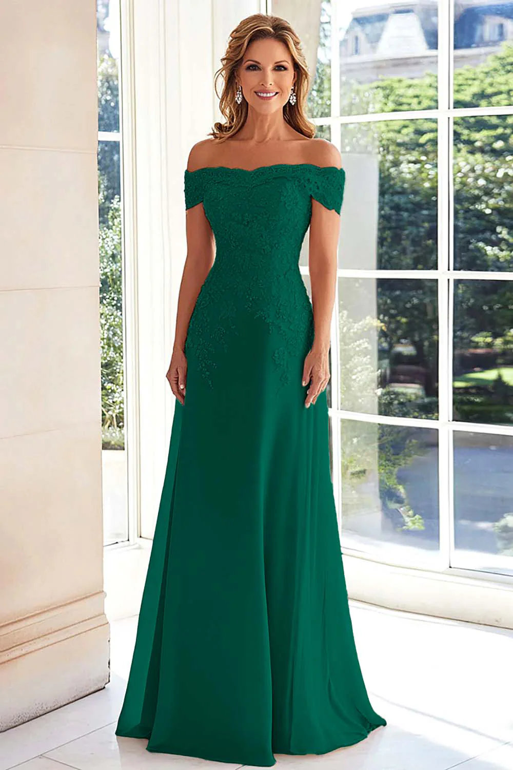 Elegant Taupe Off the Shoulder Chiffon Sheath Long Mother of the Bride with Lace Appliques - Image 8