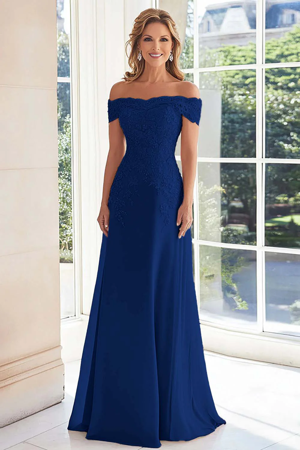 Elegant Taupe Off the Shoulder Chiffon Sheath Long Mother of the Bride with Lace Appliques - Image 9