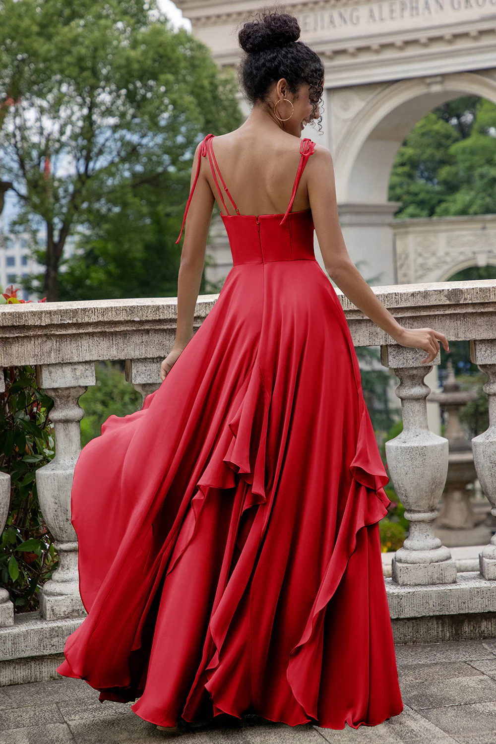 Eucalyptus A Line Spaghetti Straps Long Bridesmaid Dress with Ruffles - Image 12