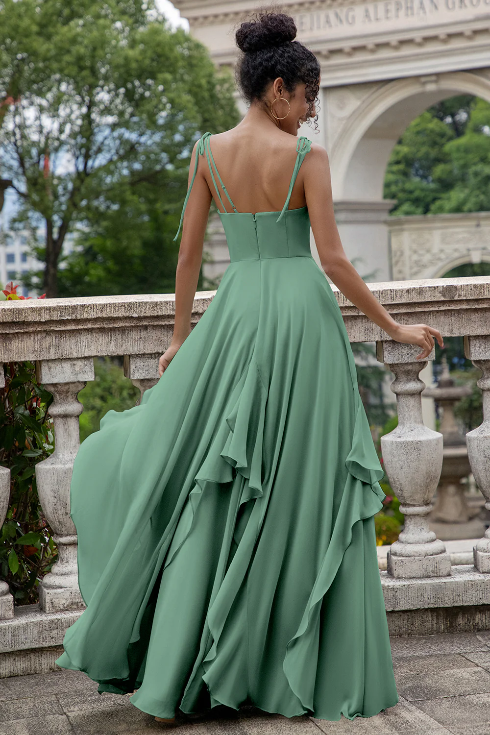 Eucalyptus A Line Spaghetti Straps Long Bridesmaid Dress with Ruffles - Image 2