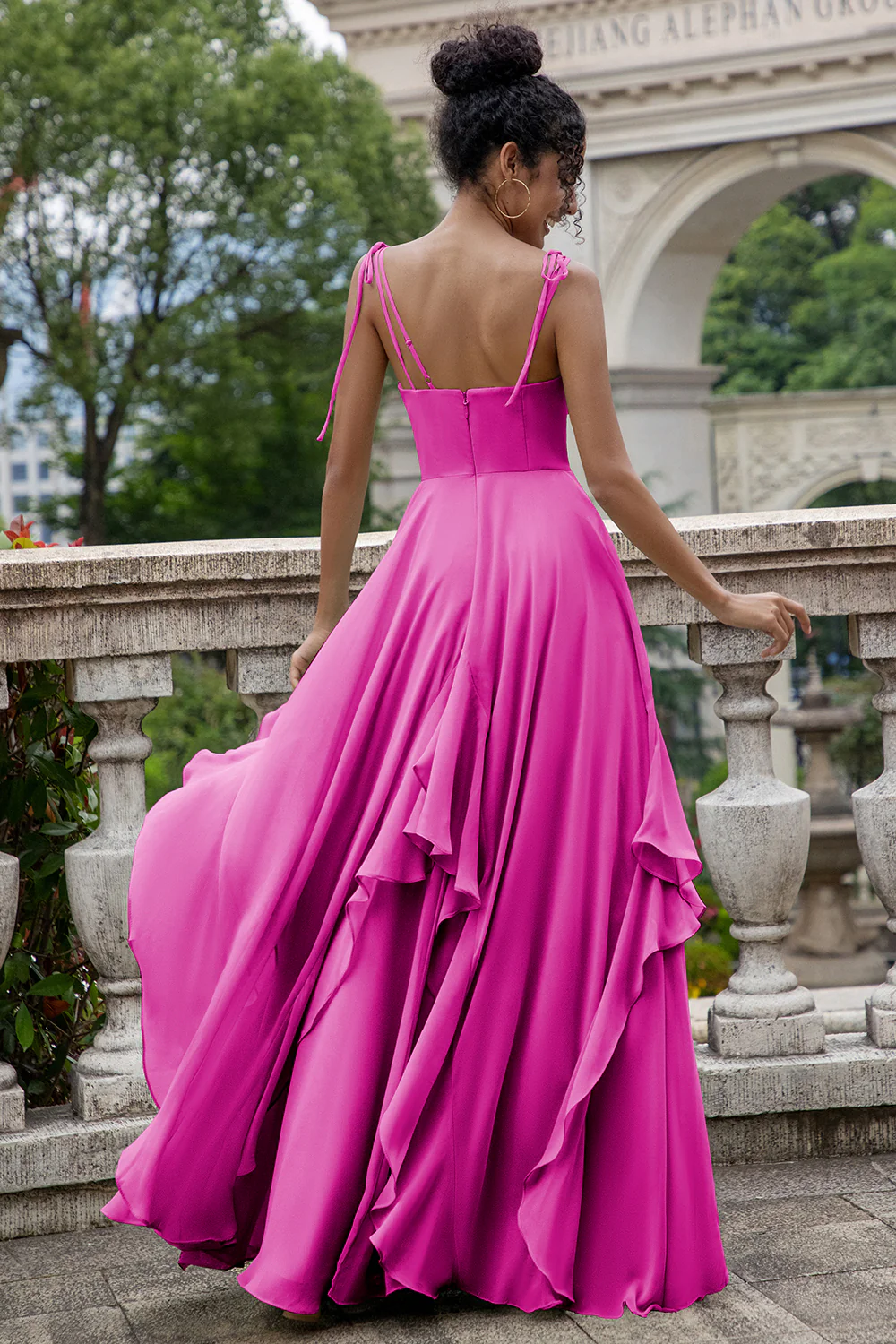 Eucalyptus A Line Spaghetti Straps Long Bridesmaid Dress with Ruffles - Image 3