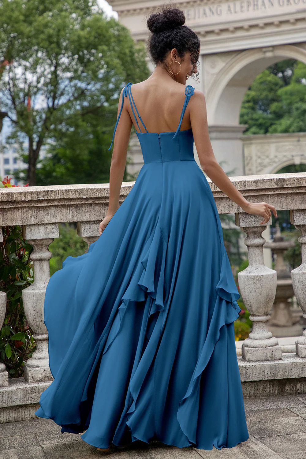 Eucalyptus A Line Spaghetti Straps Long Bridesmaid Dress with Ruffles - Image 6