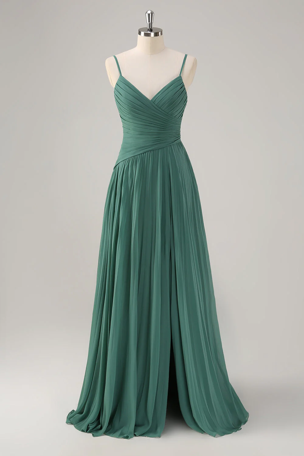 Eucalyptus A Line Spaghetti Straps Pleated Chiffon Bridesmaid Dress with Slit