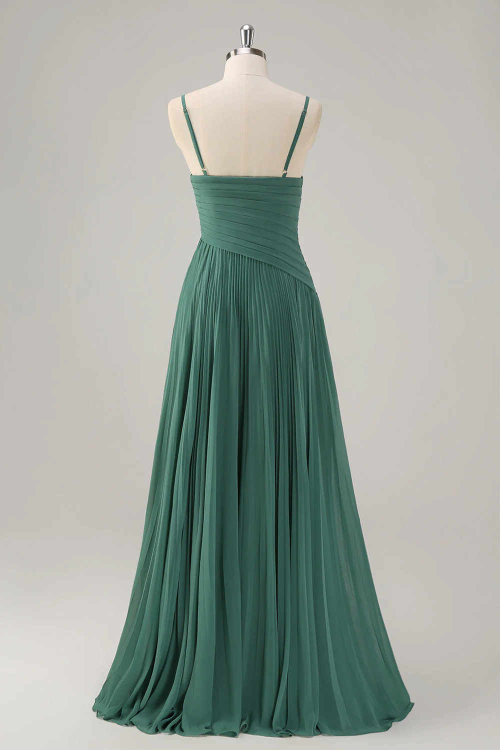 Eucalyptus A Line Spaghetti Straps Pleated Chiffon Bridesmaid Dress with Slit - Image 2
