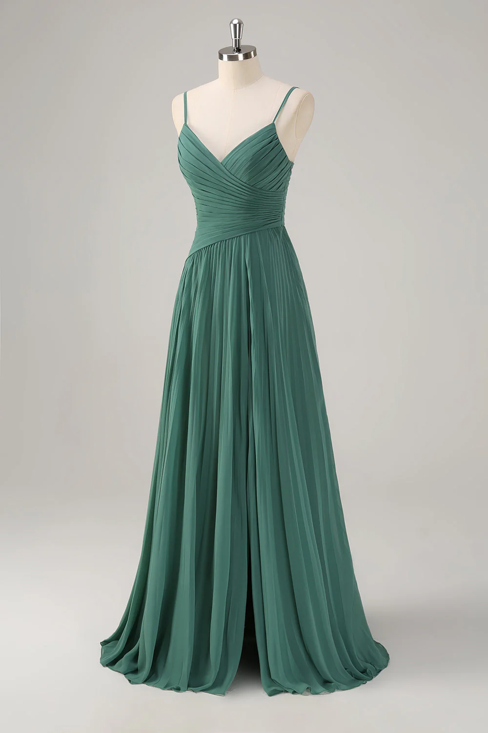 Eucalyptus A Line Spaghetti Straps Pleated Chiffon Bridesmaid Dress with Slit - Image 3