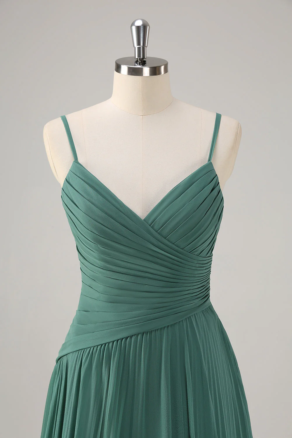 Eucalyptus A Line Spaghetti Straps Pleated Chiffon Bridesmaid Dress with Slit - Image 4