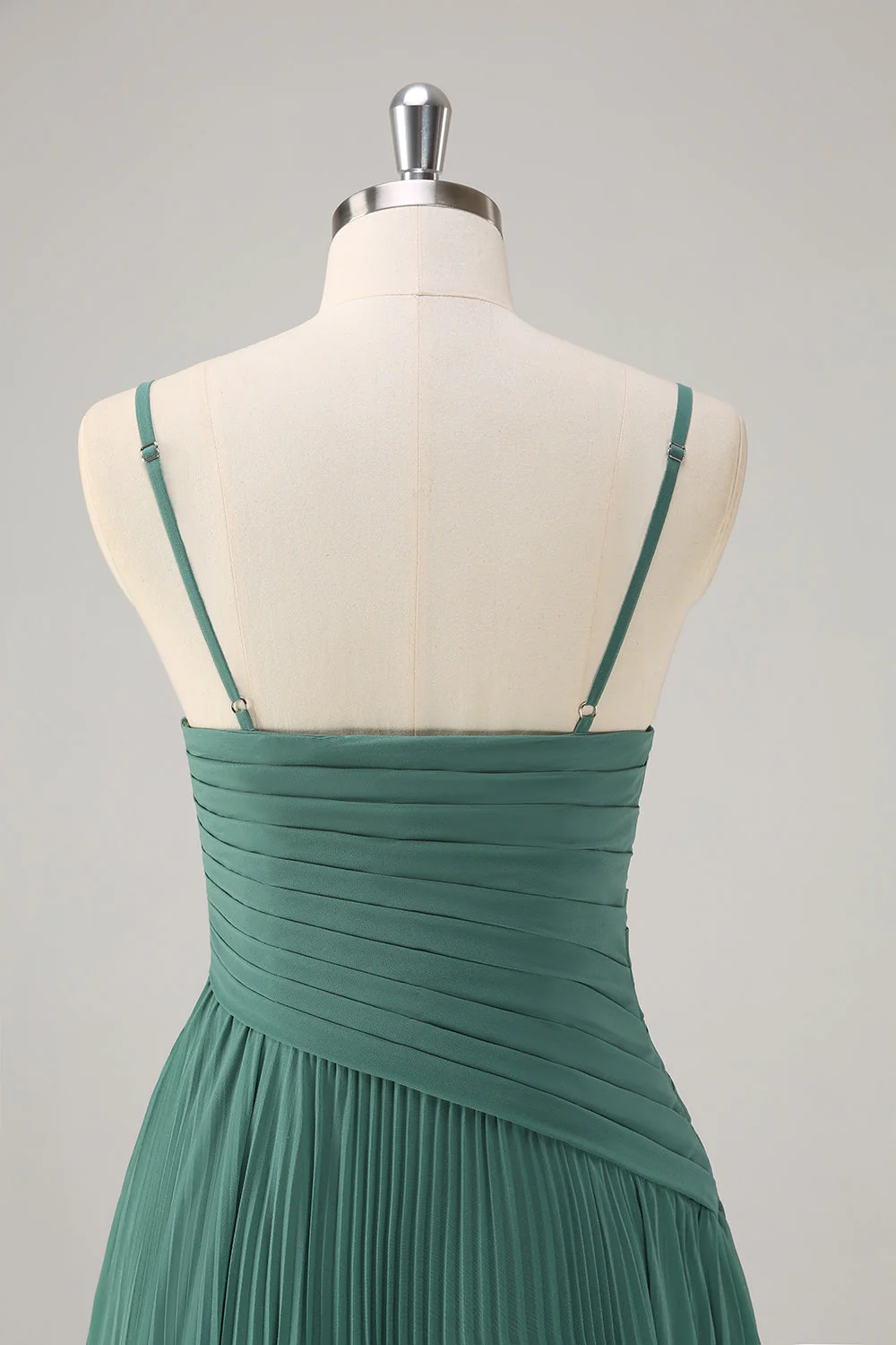Eucalyptus A Line Spaghetti Straps Pleated Chiffon Bridesmaid Dress with Slit - Image 5