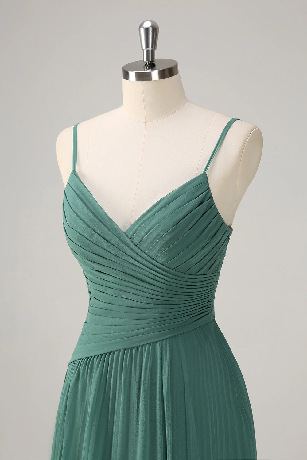 Eucalyptus A Line Spaghetti Straps Pleated Chiffon Bridesmaid Dress with Slit - Image 6