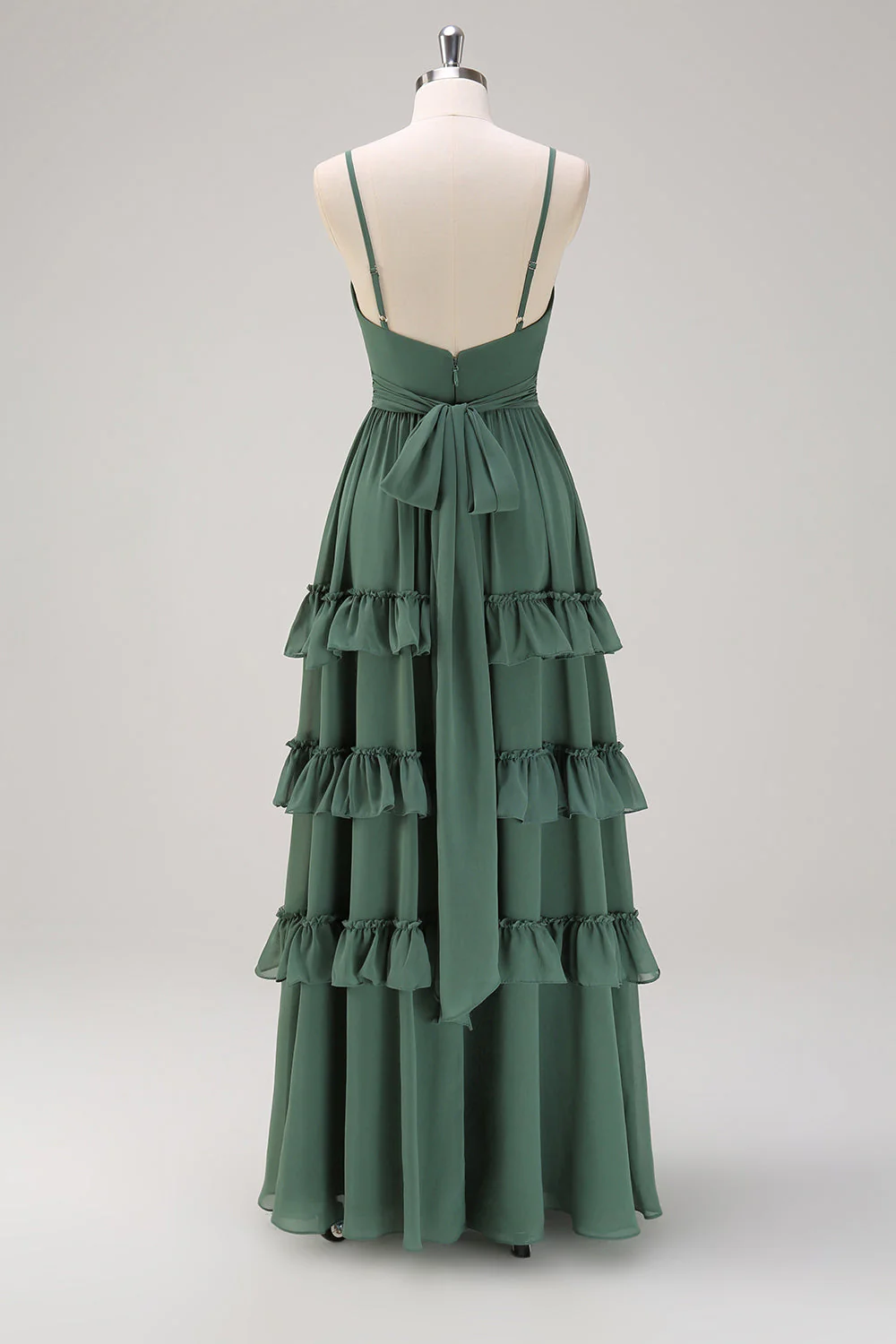 Eucalyptus A Line Spaghetti Straps Tiered Chiffon Long Bridesmaid Dress - Image 2