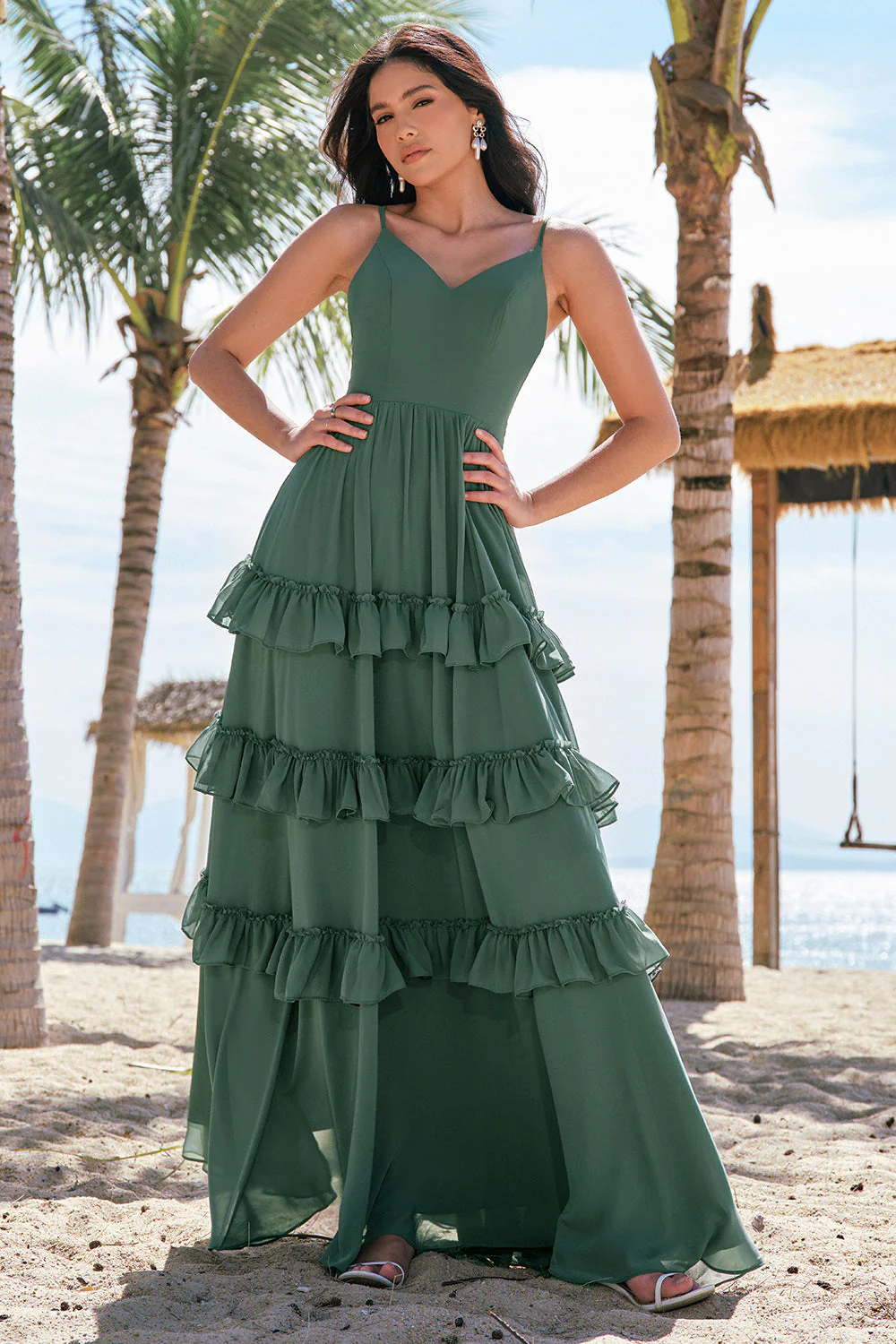 Eucalyptus A Line Spaghetti Straps Tiered Chiffon Long Bridesmaid Dress - Image 3