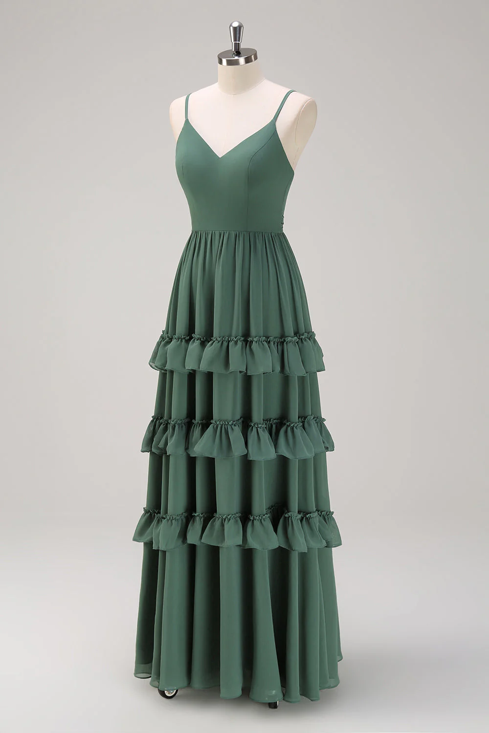 Eucalyptus A Line Spaghetti Straps Tiered Chiffon Long Bridesmaid Dress - Image 4