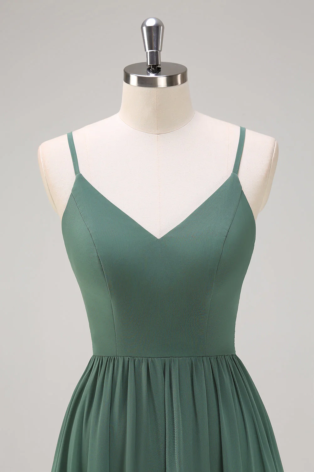 Eucalyptus A Line Spaghetti Straps Tiered Chiffon Long Bridesmaid Dress - Image 5