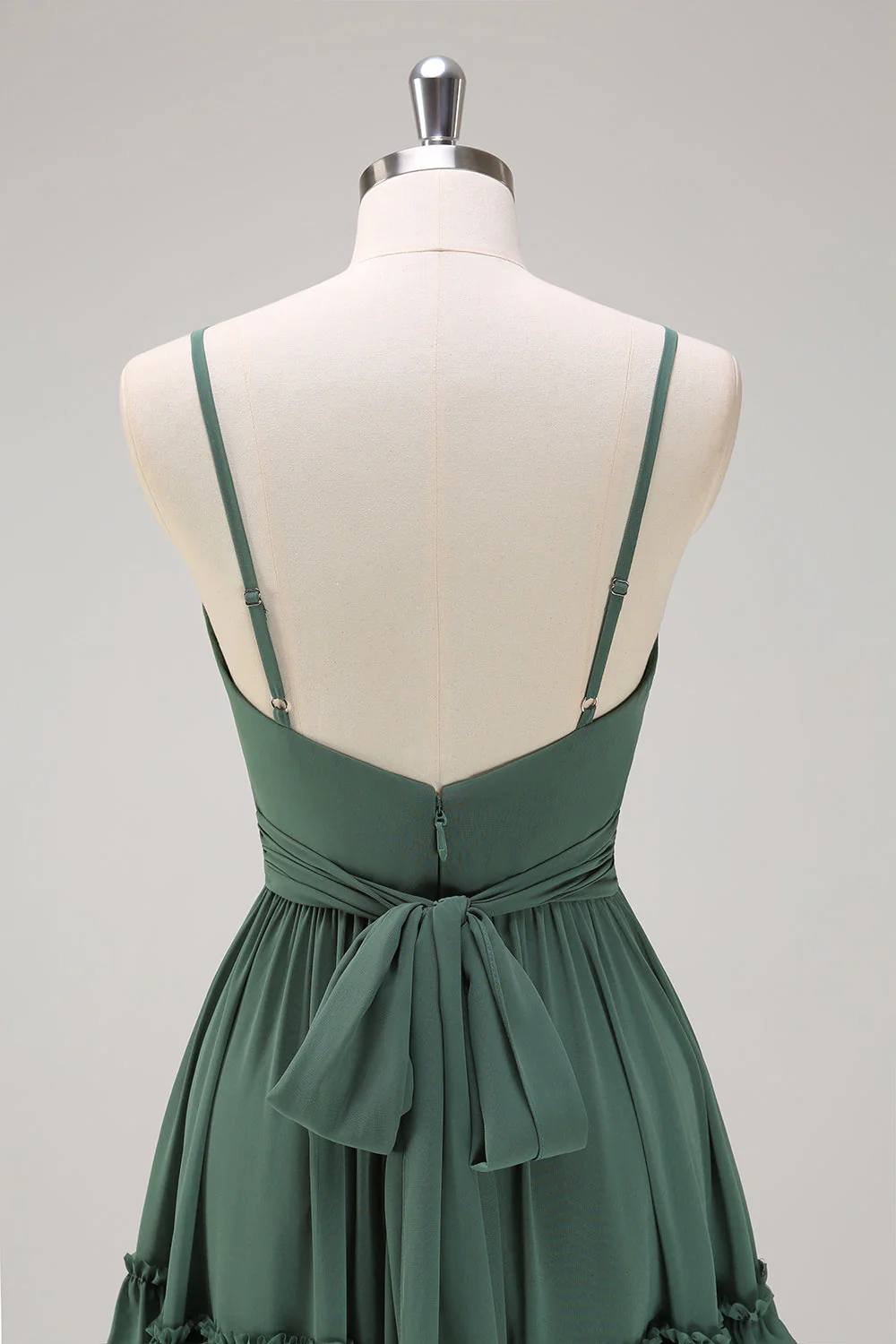 Eucalyptus A Line Spaghetti Straps Tiered Chiffon Long Bridesmaid Dress - Image 6
