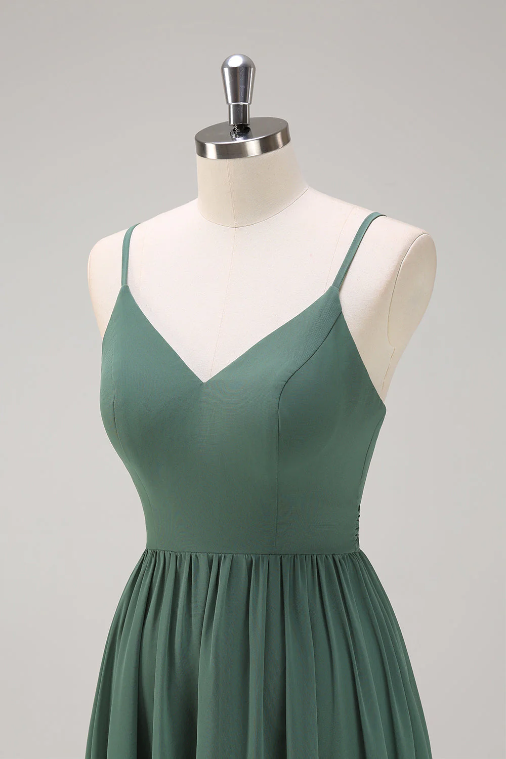 Eucalyptus A Line Spaghetti Straps Tiered Chiffon Long Bridesmaid Dress - Image 7