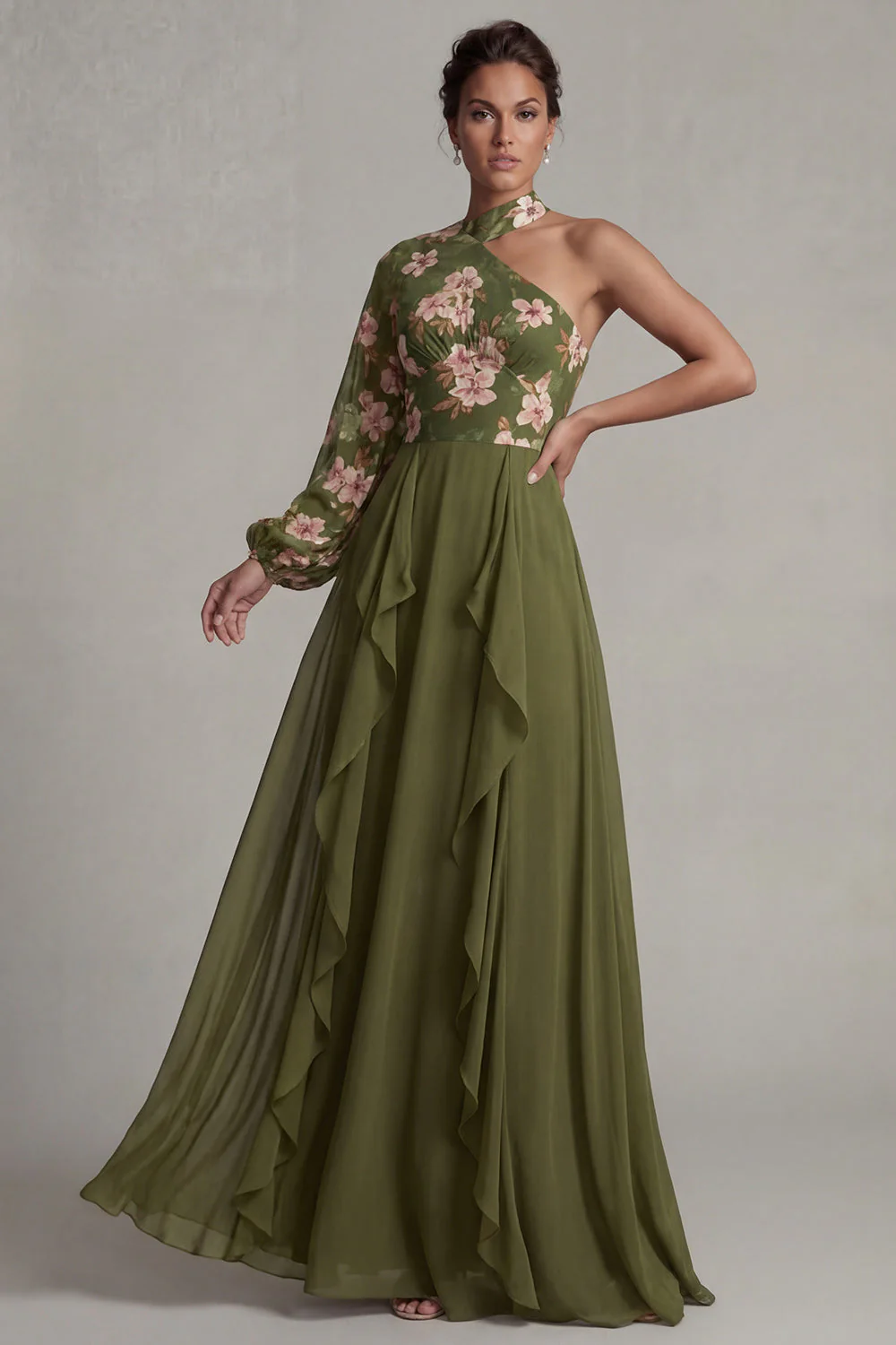 Floral Eucalyptus A Line Ruffled Chiffon Long Mother of the Bride Dress