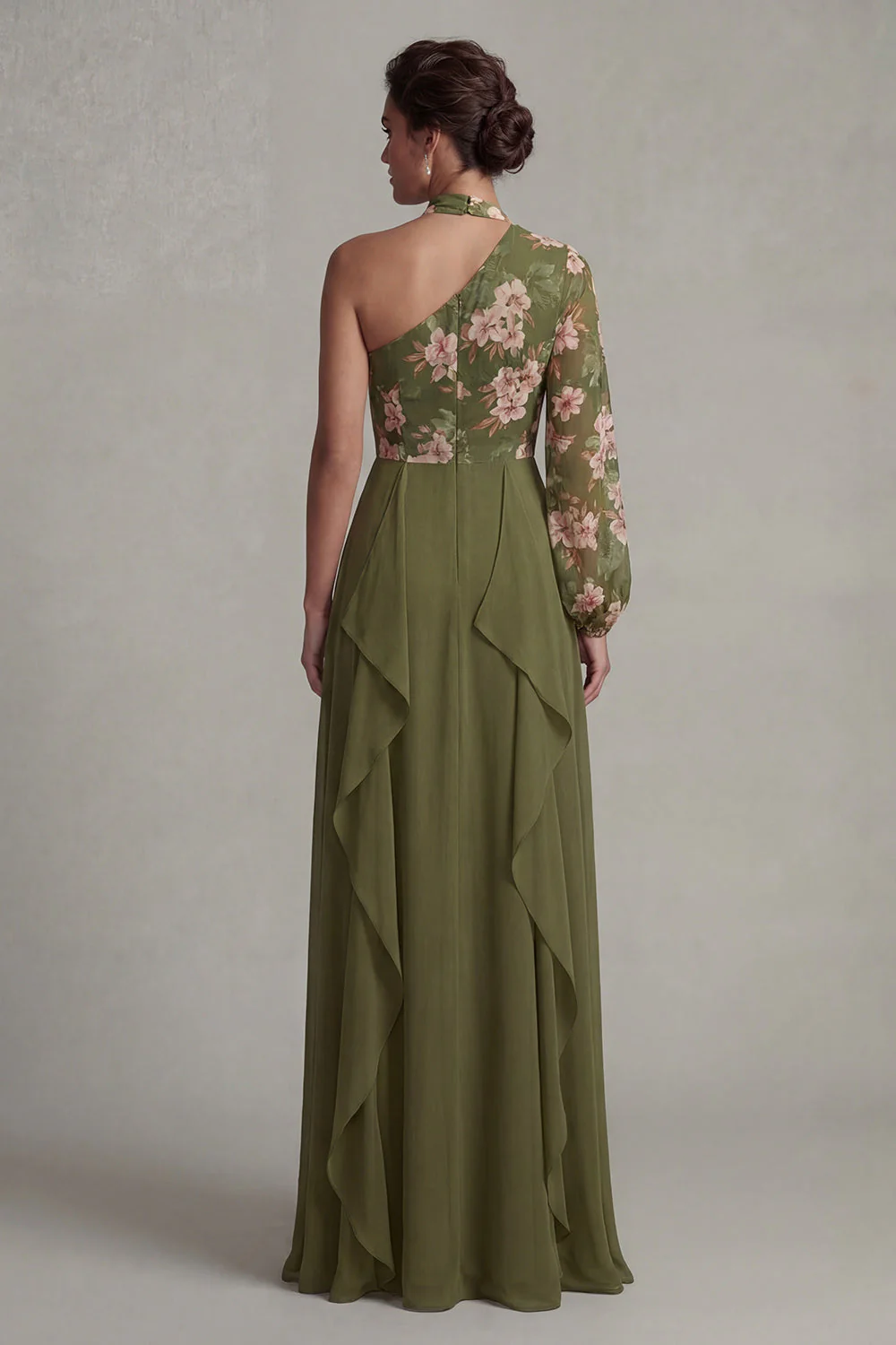 Floral Eucalyptus A Line Ruffled Chiffon Long Mother of the Bride Dress - Image 2
